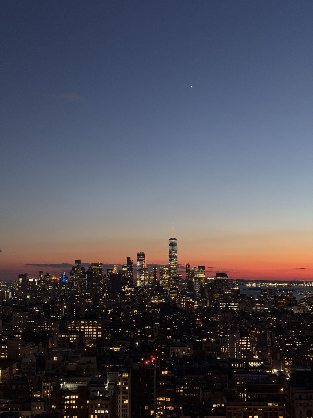 New York City illuminated at dusk